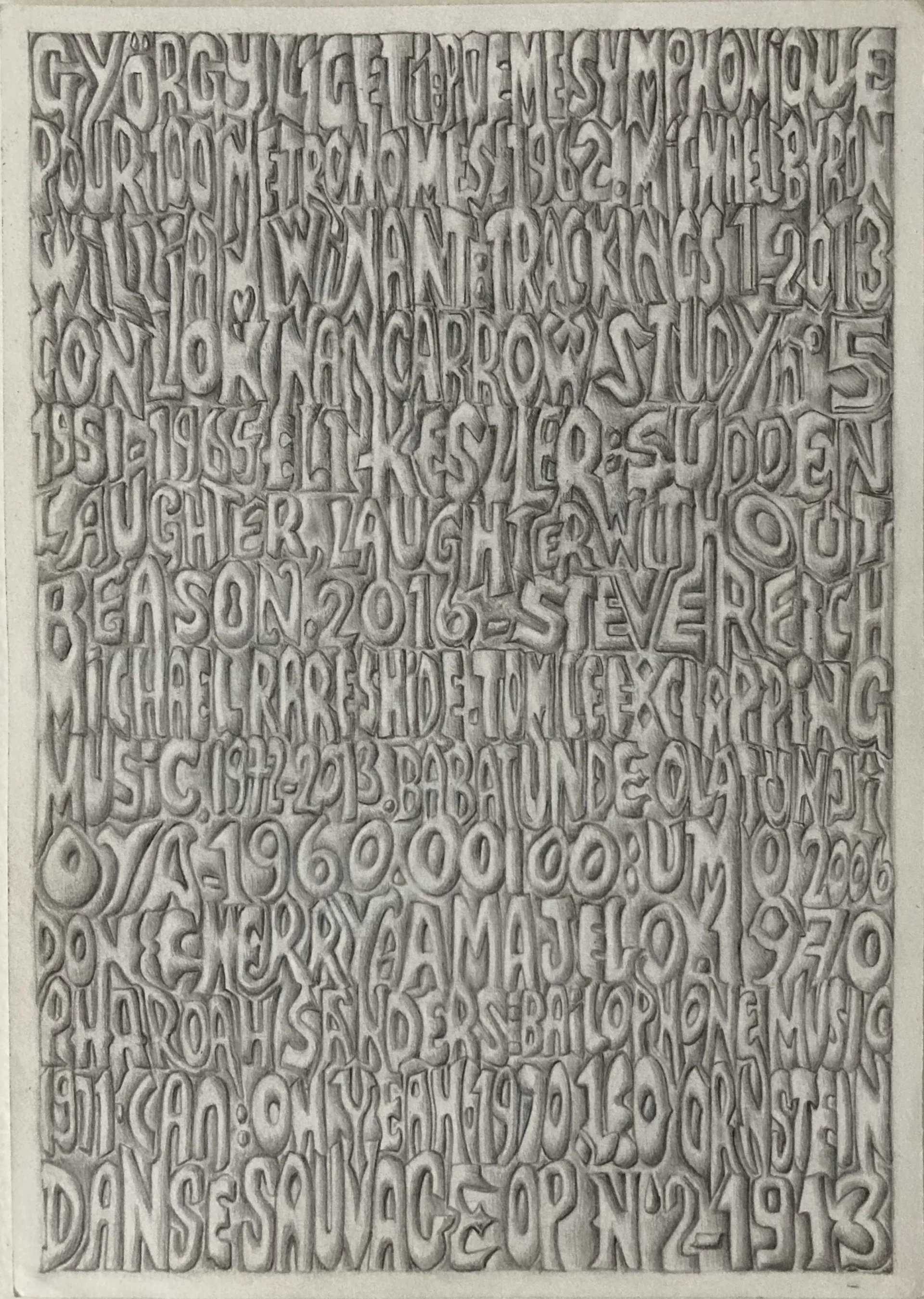 Dessin de lettres et chiffres au graphite sur papier.