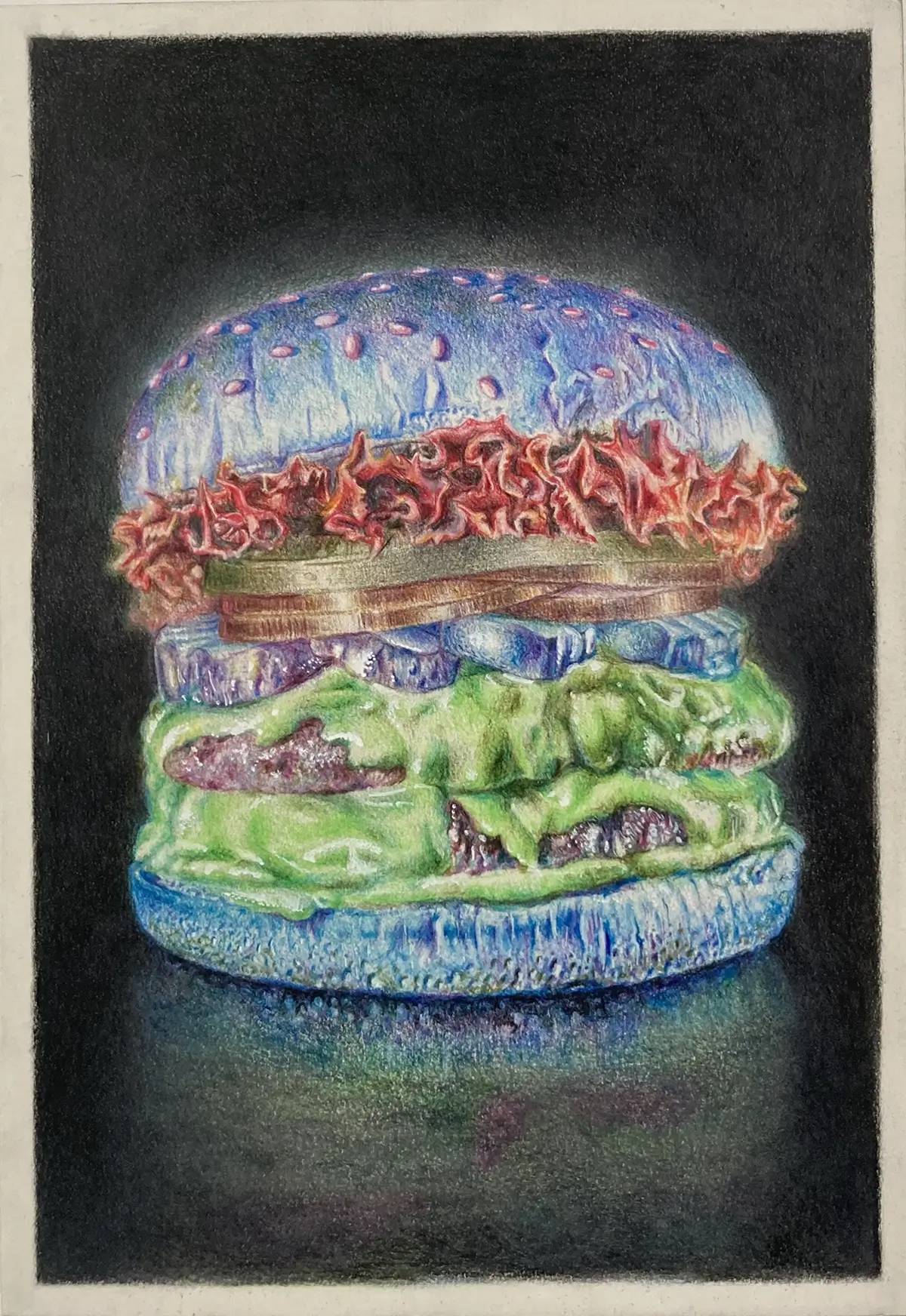 Dessin représentant un burger multicolore, lumineux.