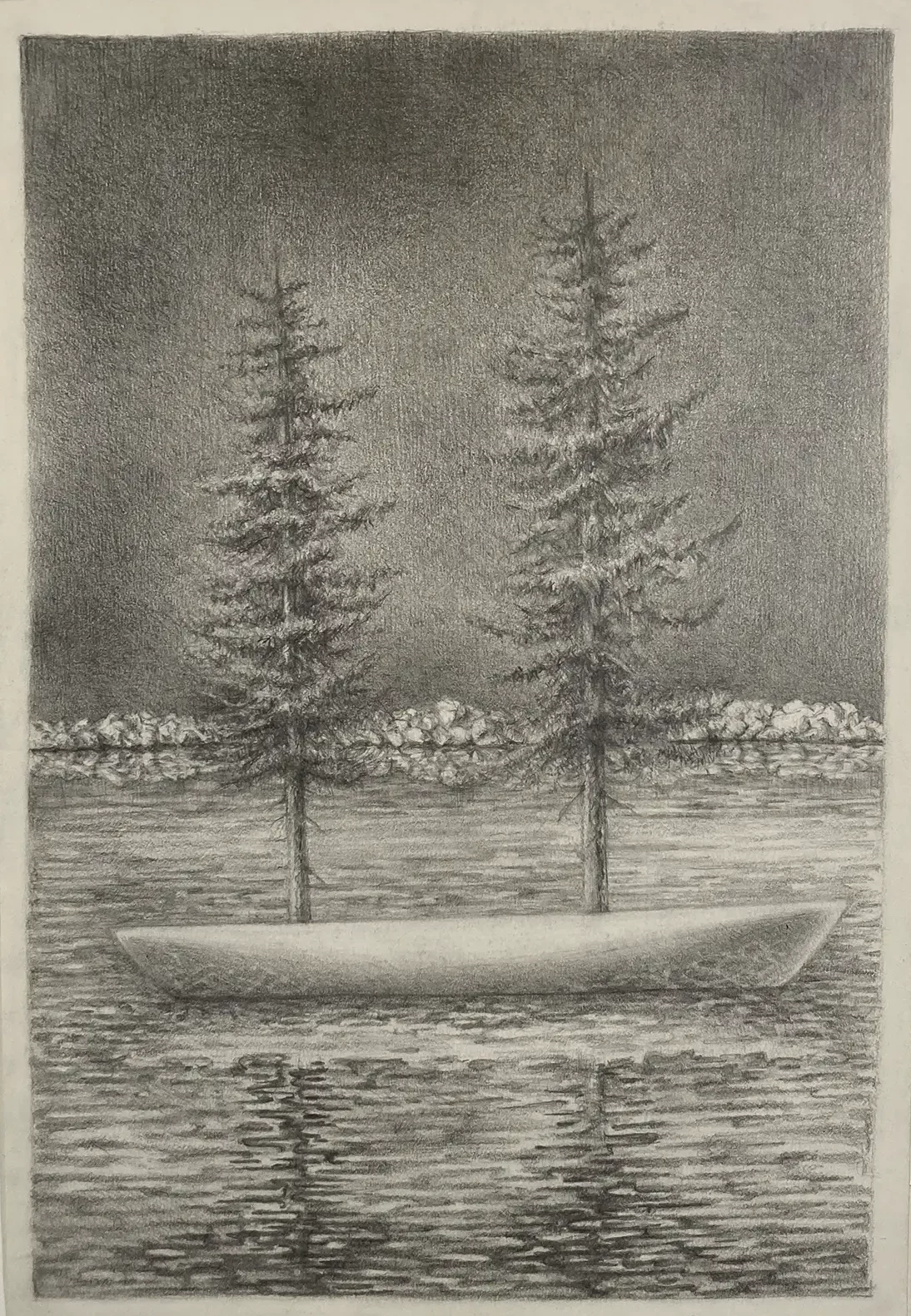Dessin au graphite sur papier représentant un bateau dont les deux mâts sont des conifères